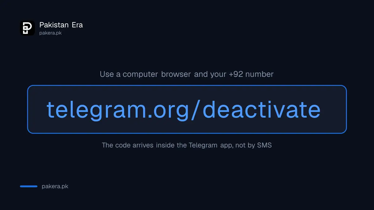 Telegram account deletion route: telegram.org/deactivate in a computer browser, code delivered inside the Telegram app