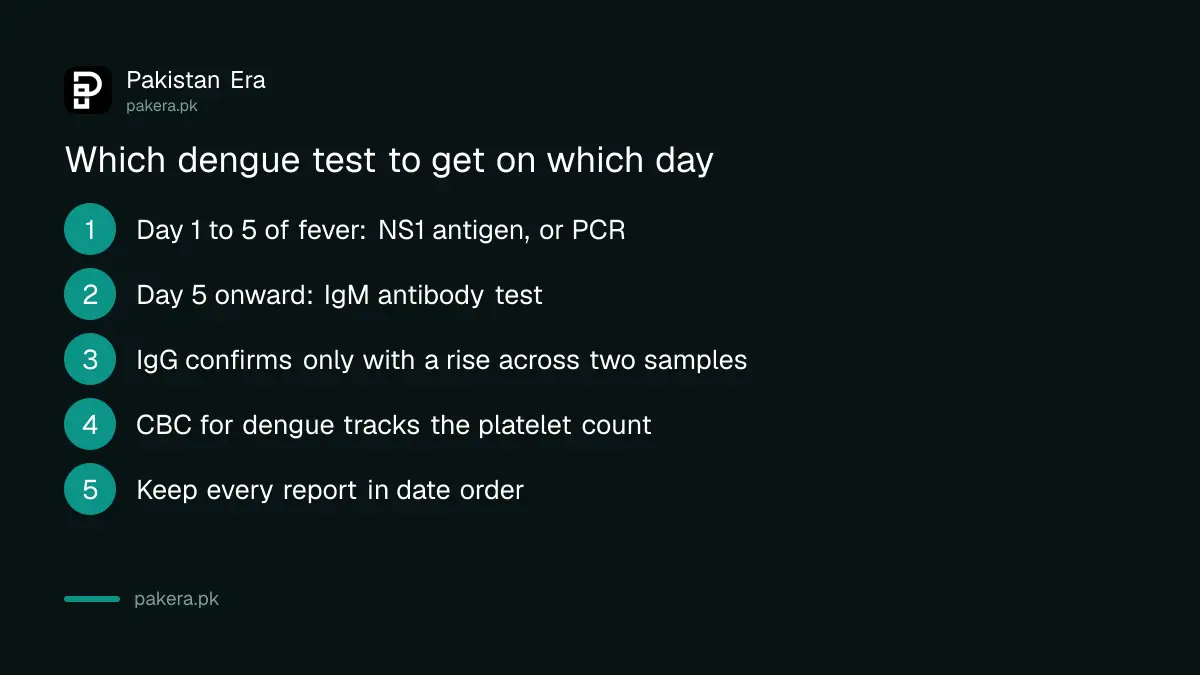 Which dengue test to get on which day of fever: NS1 early, IgM later, CBC throughout