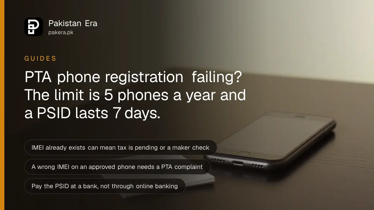 A smartphone beside a bank payment slip holder on a wooden counter in Pakistan