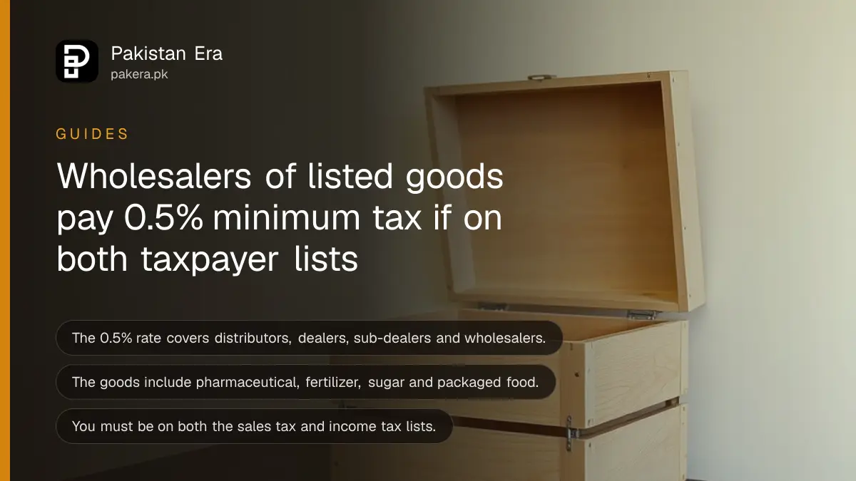 A plain wooden crate on a dark wooden table, for a guide on wholesaler minimum tax in Pakistan