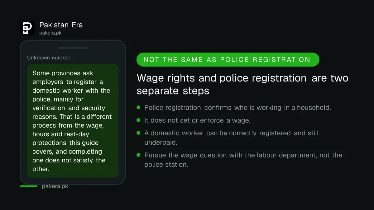 Notice distinguishing police registration of a domestic worker from wage and working condition rights