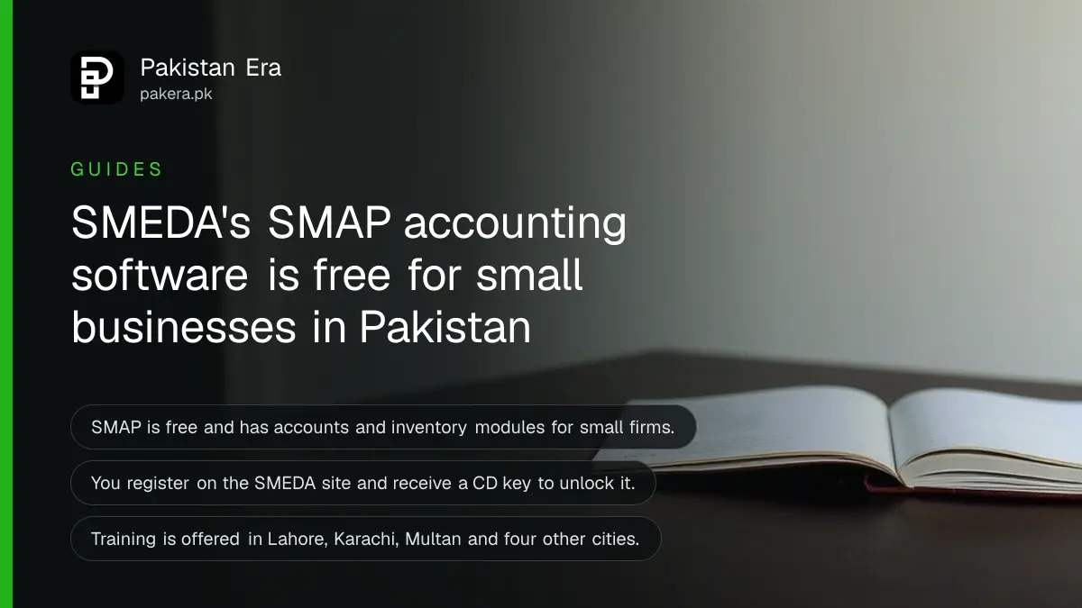 A closed notebook with a plain cover on a dark wooden table, for a guide to free SMEDA accounting software in Pakistan