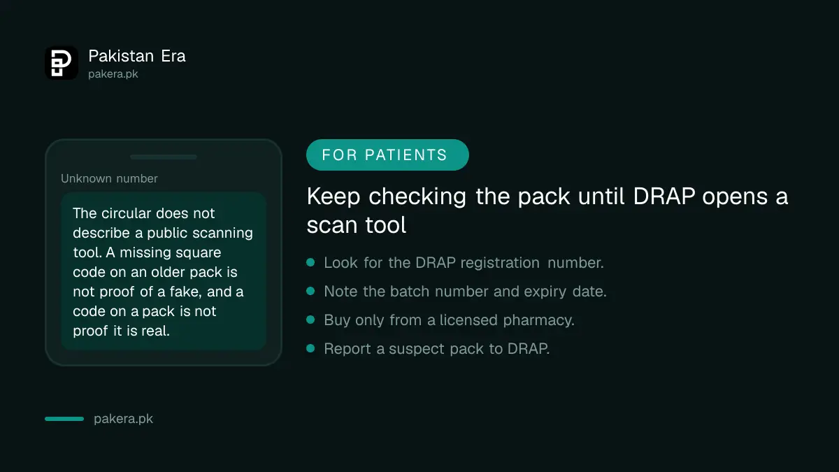 What patients should keep checking on a medicine pack while the DRAP 2D barcode rollout begins