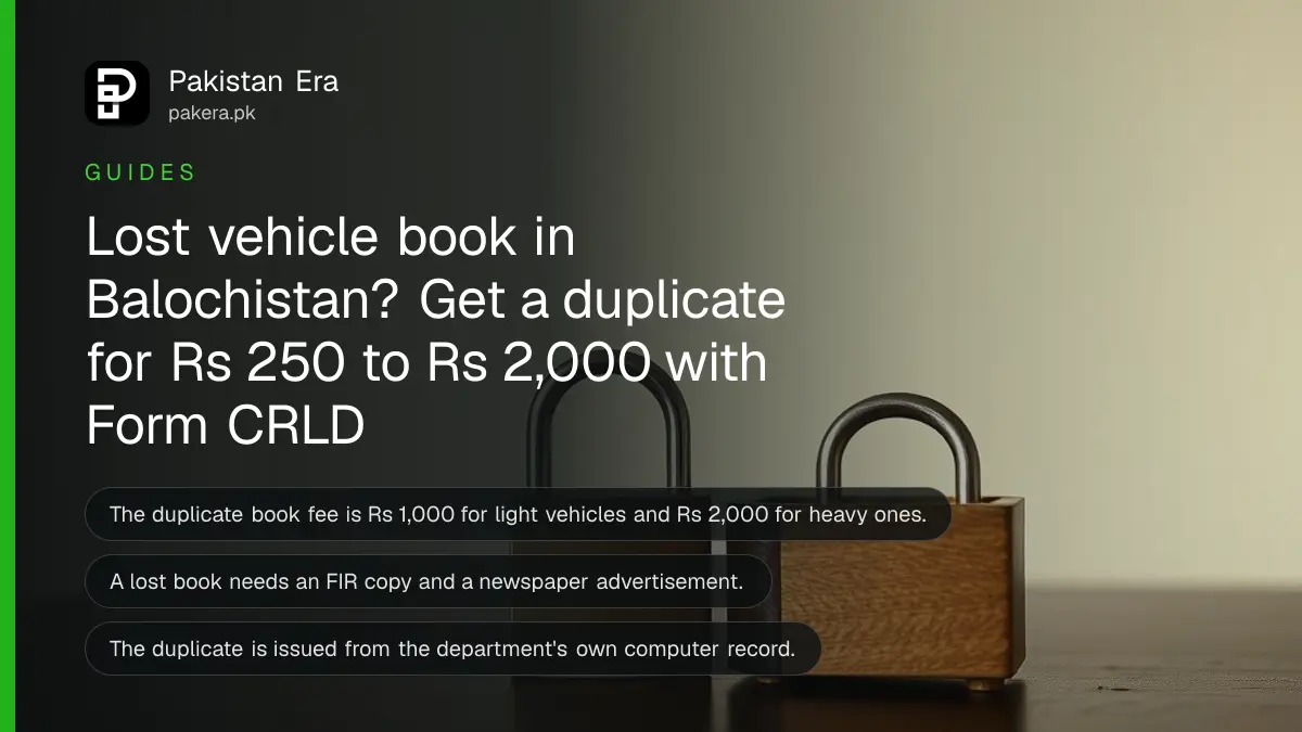 A brass padlock and a small wooden box on a dark wooden table, for a guide to a duplicate vehicle registration book in Balochistan