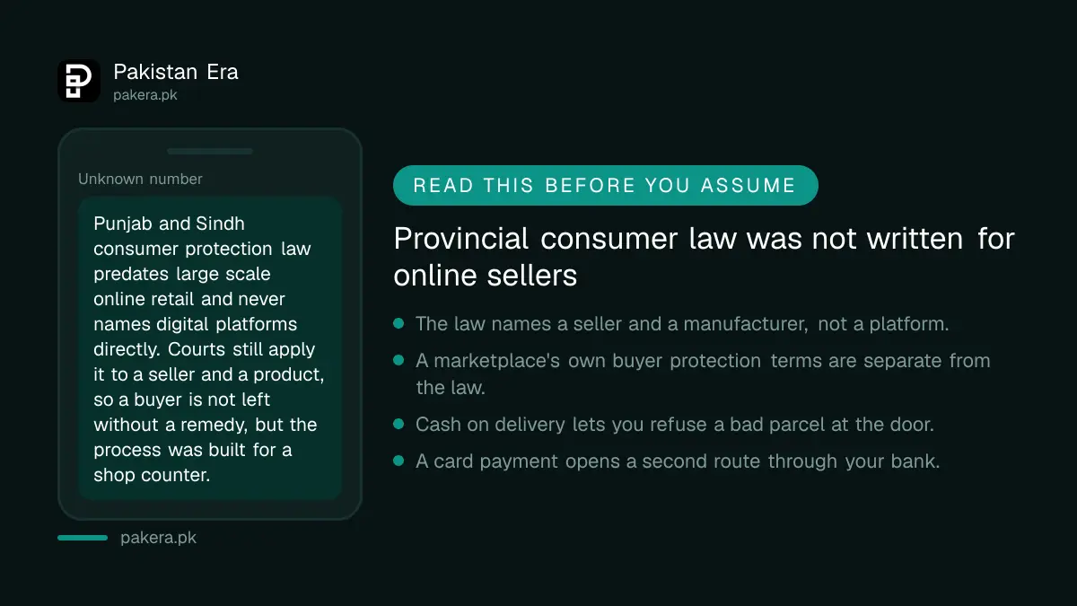 Warning graphic noting that Pakistani consumer protection law predates large scale online retail
