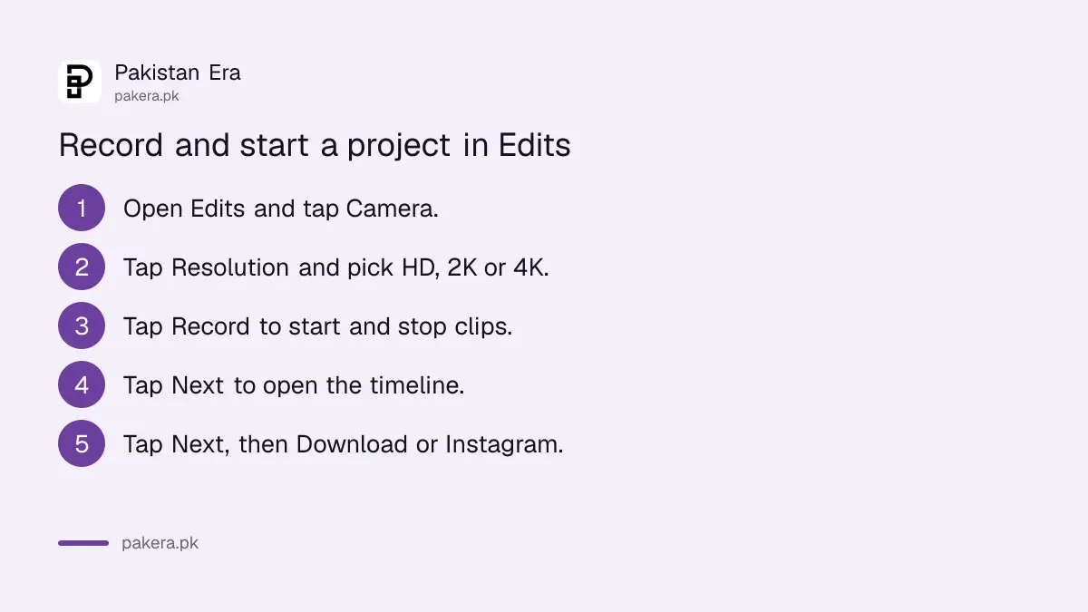 Steps to record and start a video project in the Edits app