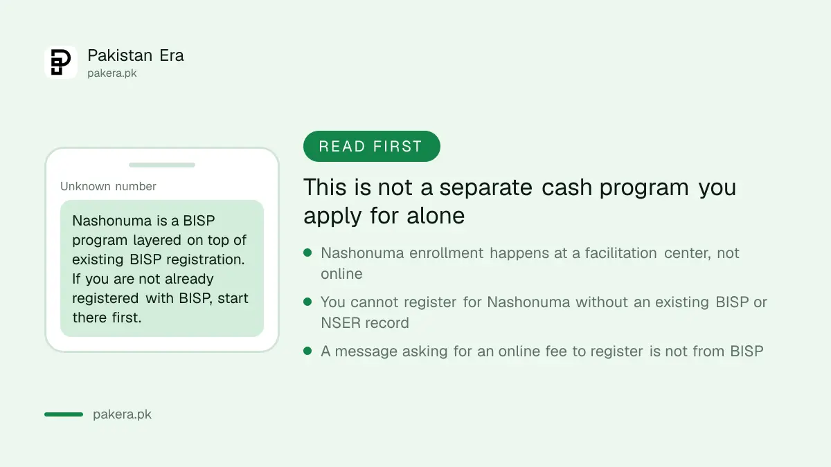Warning that Benazir Nashonuma registration is free and happens in person, never online for a fee