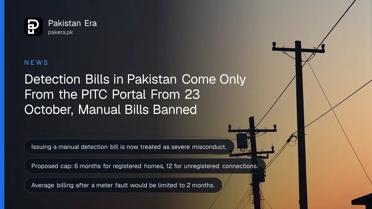 Power lines and a transformer on a pole against a clear evening sky, for the new electricity detection bill rules in Pakistan