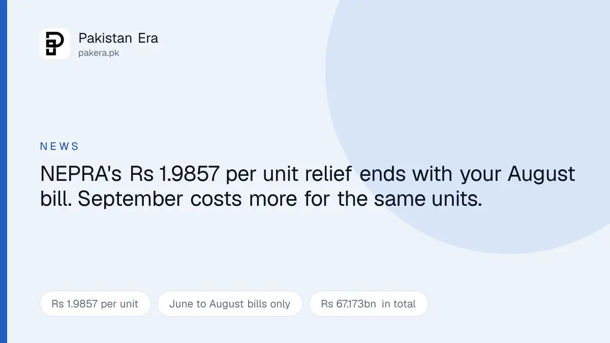 NEPRA electricity tariff relief of Rs 1.9857 per unit ending with the August 2026 bill