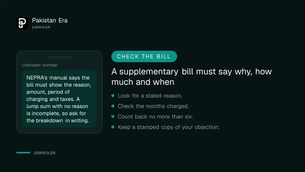 What a supplementary electricity bill must state: reason, amount, period and taxes