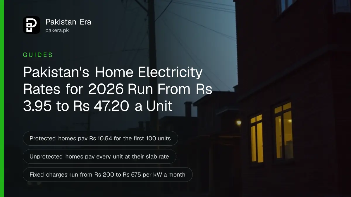 Overhead electricity wires and a concrete pole along a row of houses in a Lahore neighbourhood at dusk