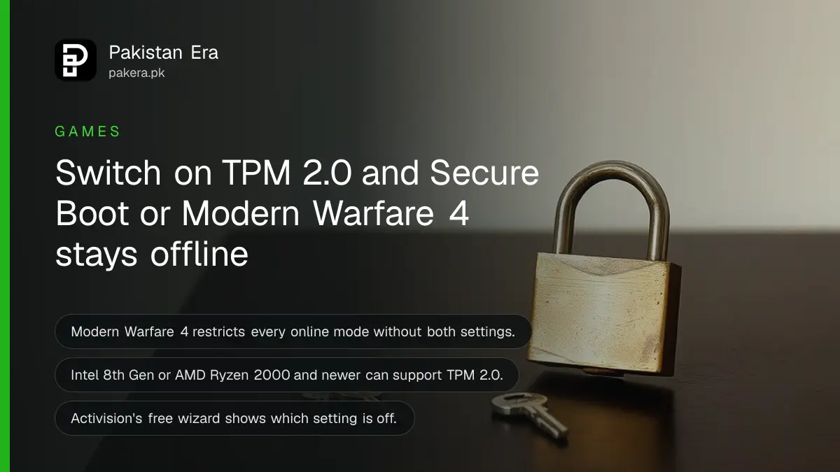 A brass padlock and a small key on a dark wooden table, for a guide to enabling TPM 2.0 and Secure Boot for Call of Duty