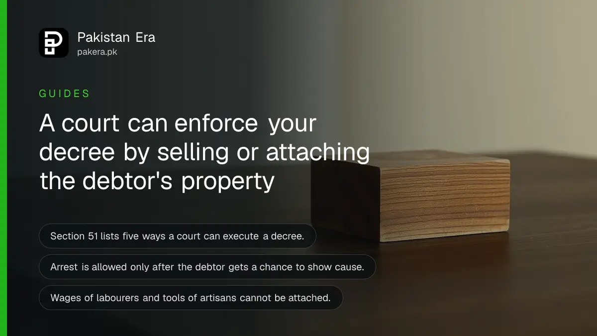 A wooden block on a dark wooden table, for a guide to enforcing a civil court decree in Pakistan