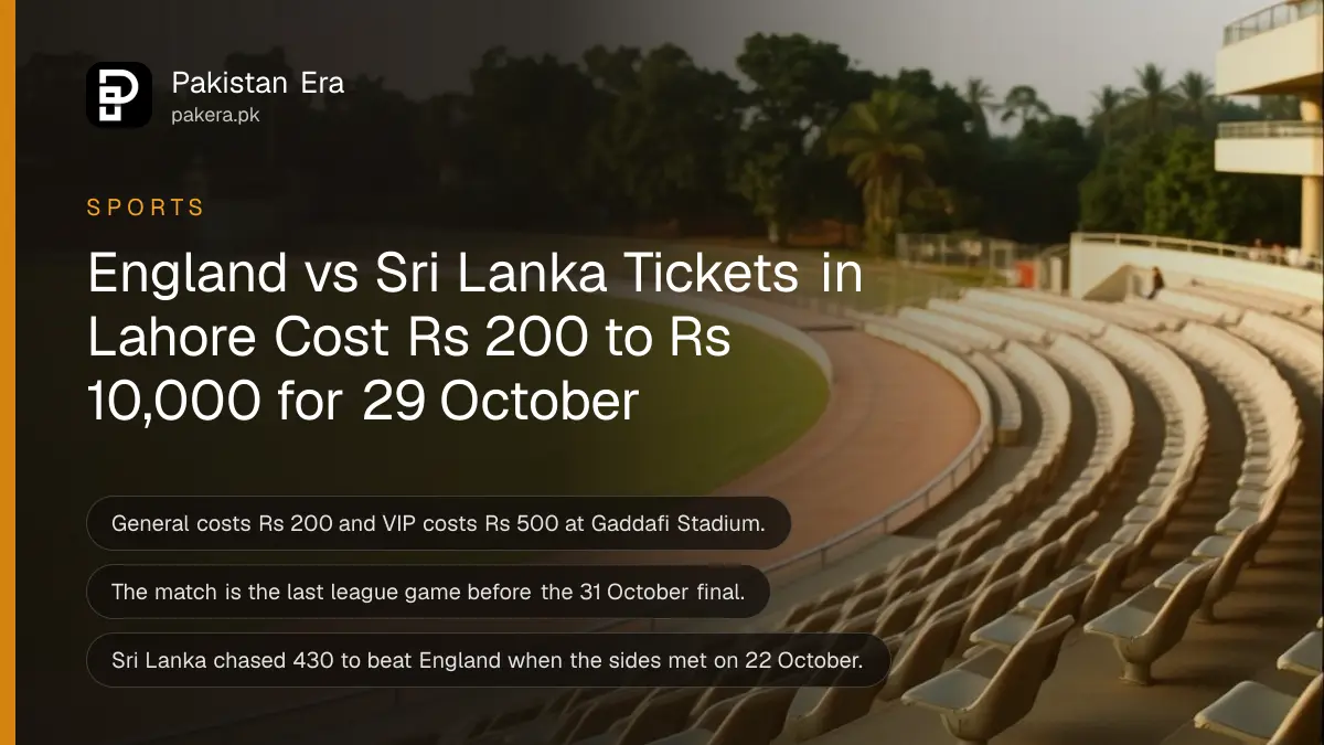 An empty cricket ground in Lahore in late afternoon light with a curved stand facing a green outfield