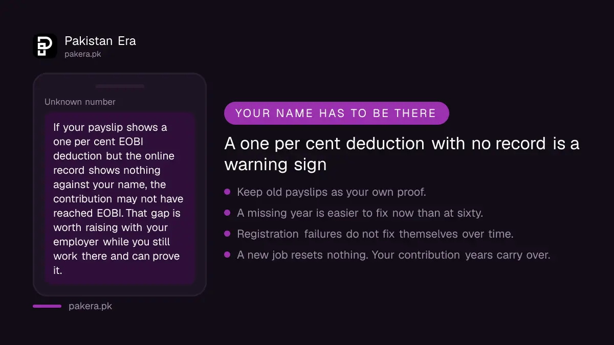 Warning that a payslip deduction with no matching EOBI record should be raised with your employer now