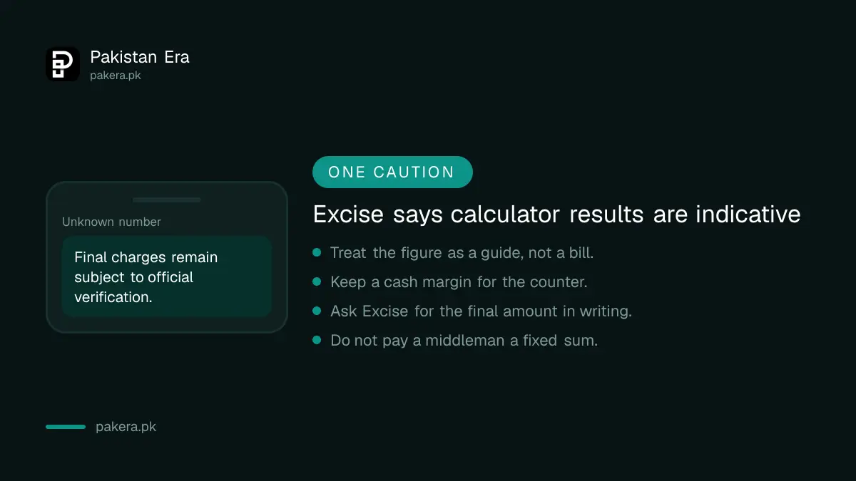 Warning that Sindh Excise calculator results are indicative only