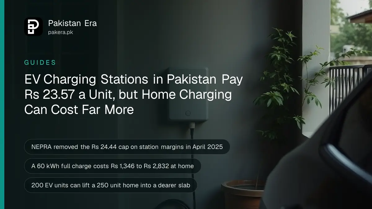 A covered car porch of a Lahore house with a plain grey wall-mounted charging box and a coiled black cable, a potted plant and soft evening light