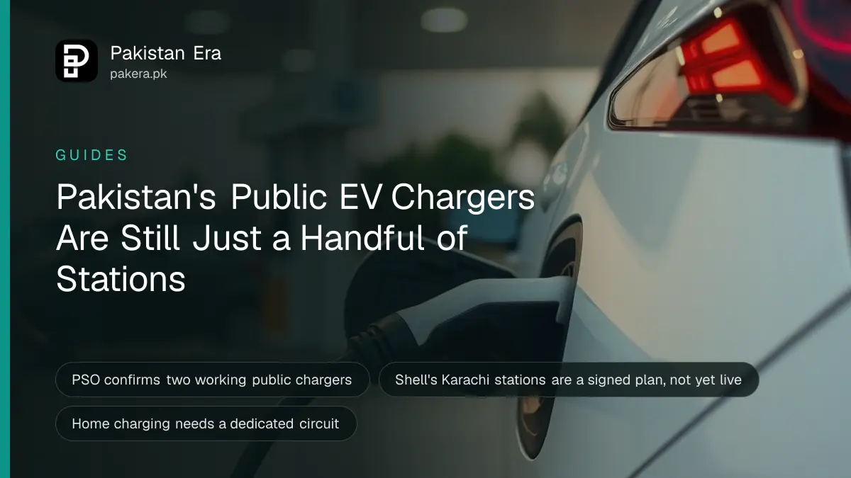 An electric car charging cable plugged into a port on a car parked at a fuel station forecourt in Pakistan