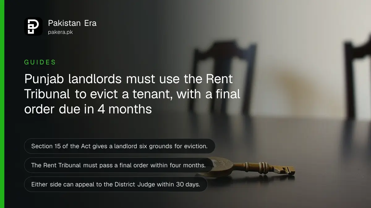 A brass key on a dark wooden table, for a guide to evicting a tenant in Punjab through the Rent Tribunal