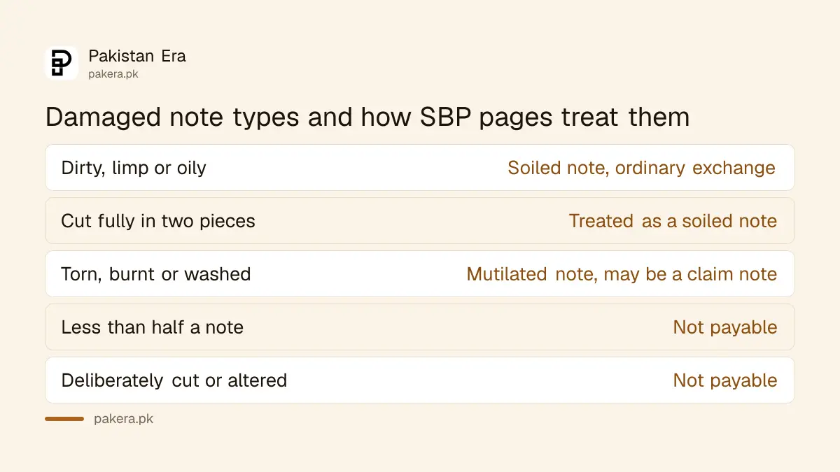 Which damaged banknotes a Pakistani bank must exchange and which are not payable under SBP rules