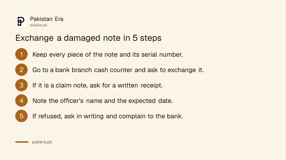 Steps to exchange a torn or damaged banknote at a bank branch in Pakistan