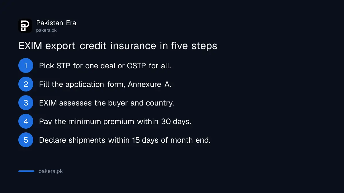 Seven steps to get EXIM Bank export credit insurance in Pakistan, from choosing a policy to monthly declarations