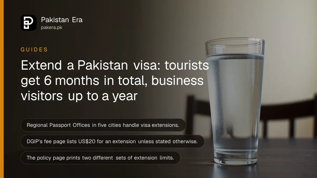Still life of a plain glass of water on a dark wooden table, for a guide on extending a Pakistan visa