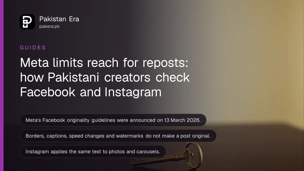 A brass key on a dark wooden table, for an article on facebook unoriginal content pakistan