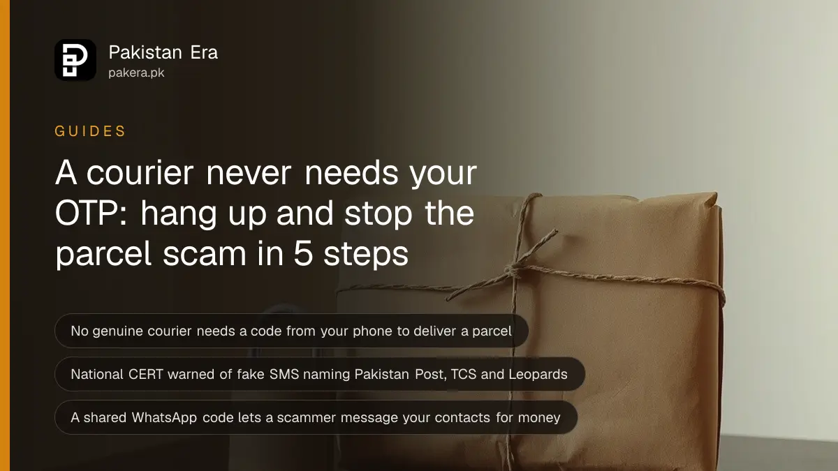 A plain brown cardboard parcel tied with string beside a small brass padlock on a dark wooden table, for a guide to the fake courier OTP scam in Pakistan