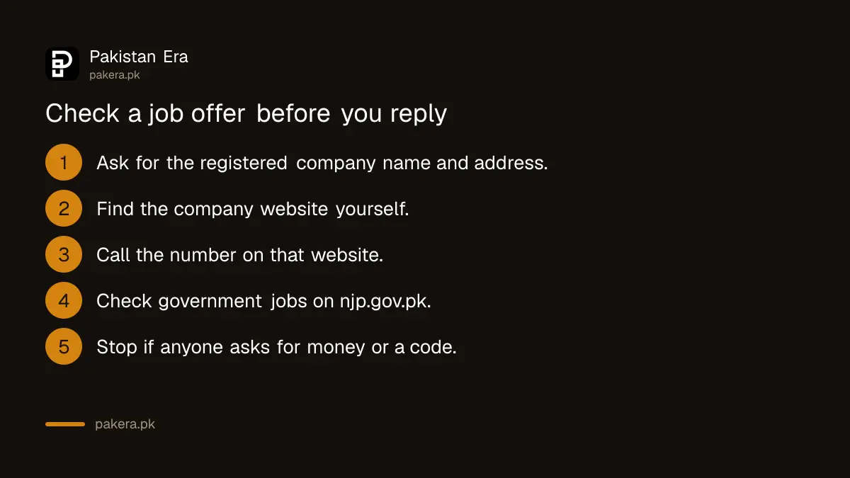Steps to check an online job offer in Pakistan before replying: ask for company details, find its website, call it, use official job portals