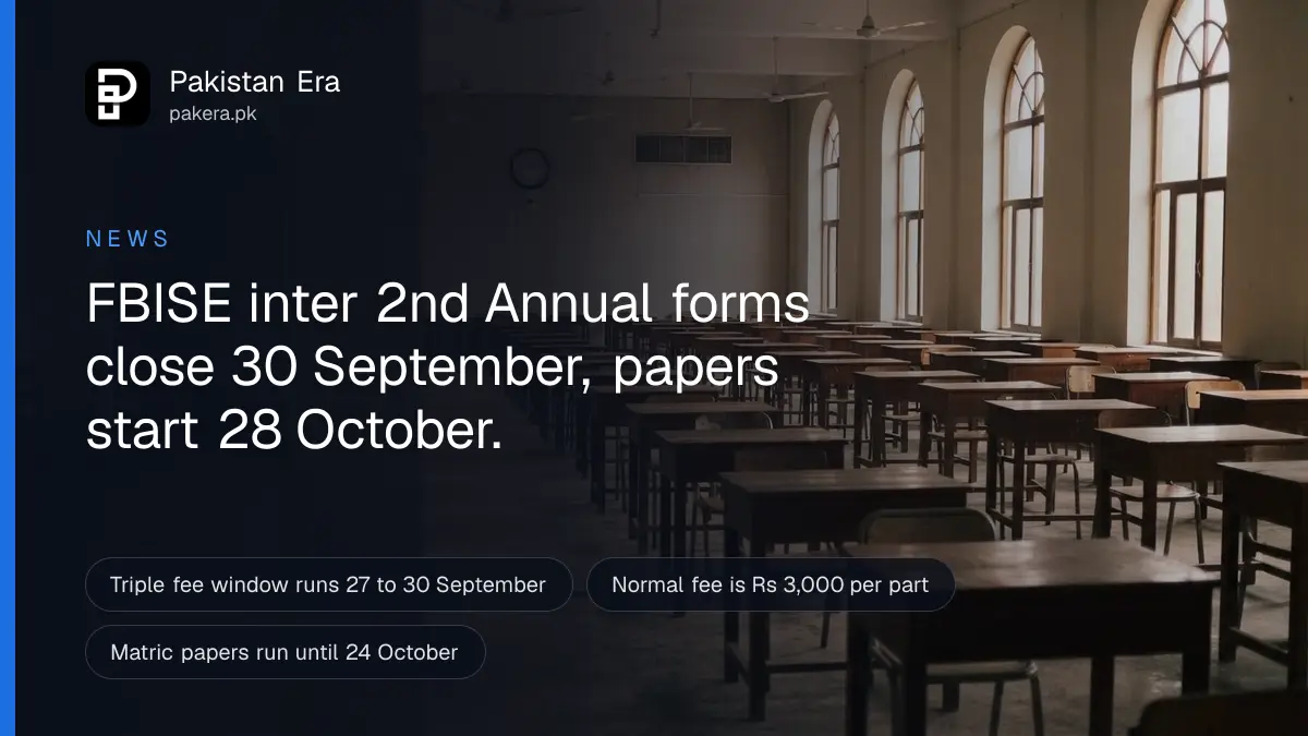 Rows of empty wooden exam desks in a quiet hall in Islamabad, lit by soft morning light from tall windows
