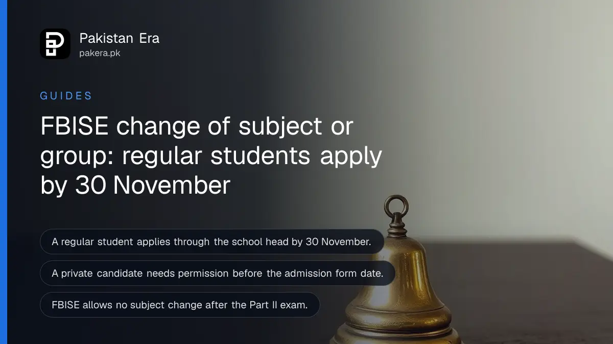 Still life of a small brass bell on a dark wooden table, for a guide on changing subjects in FBISE exams