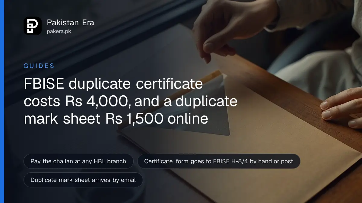 A student's hands sliding an empty clear document sleeve into a brown envelope on a desk in Islamabad