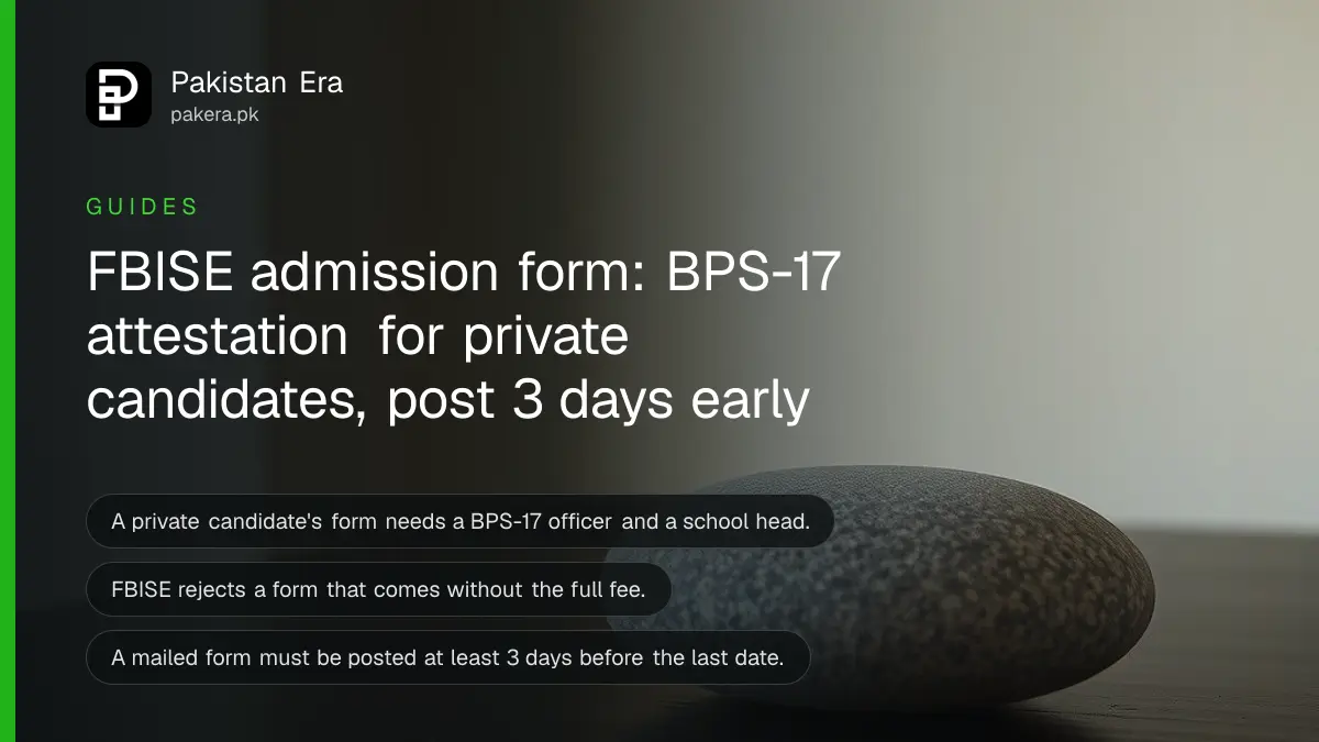 Still life of a smooth round grey stone on a dark wooden table, for a guide on the FBISE exam admission form