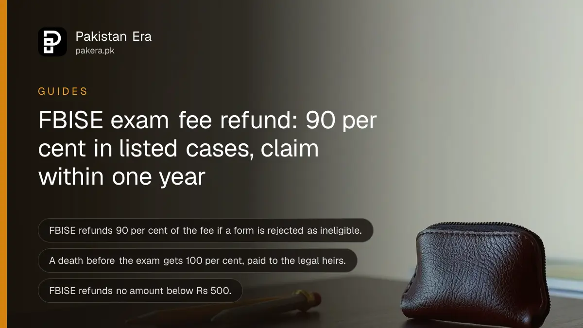 A small leather coin purse and two pencils on a dark wooden table, for a guide on FBISE exam fee refunds