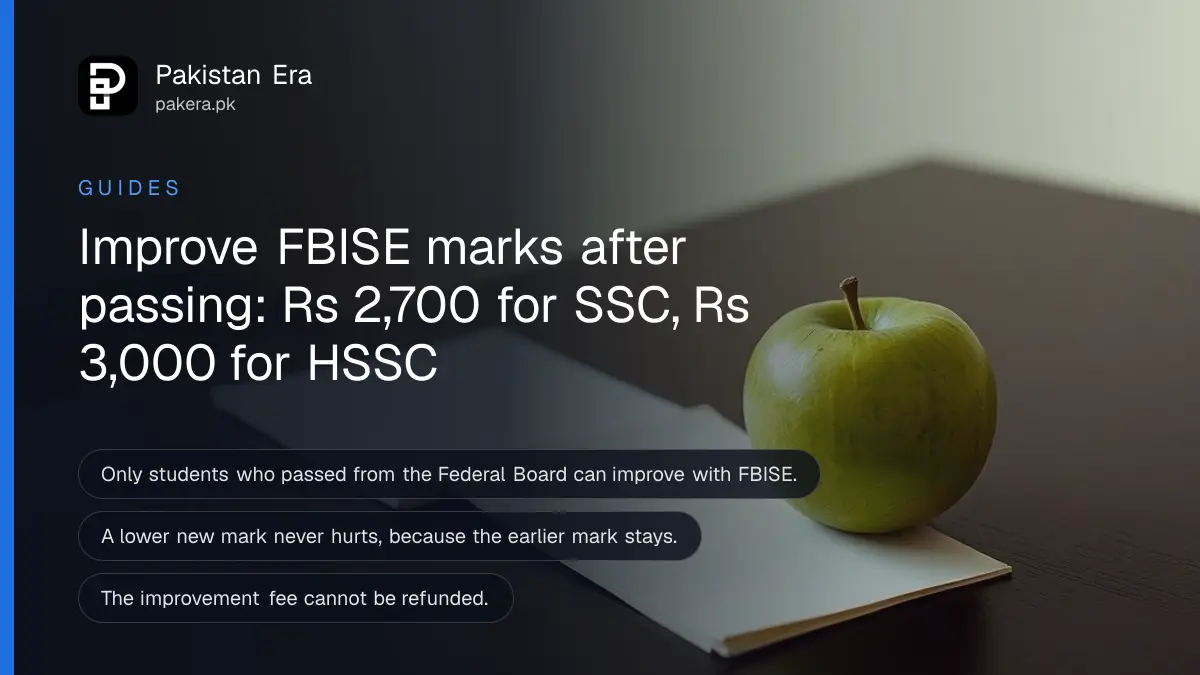 A green apple and a stack of plain paper on a dark wooden table, for a guide on improving FBISE marks