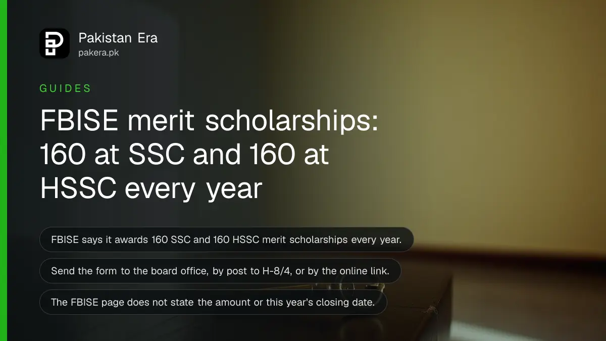 A brass key on a dark wooden table, for a guide to the FBISE merit scholarship