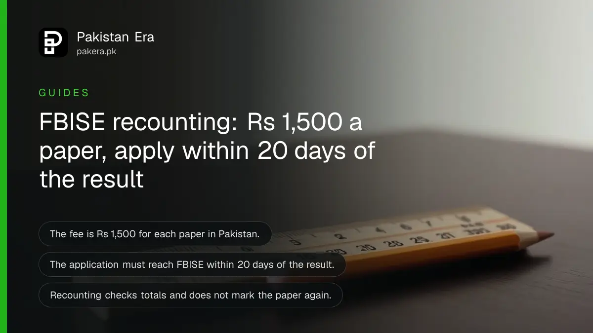 A wooden ruler and a pencil on a dark wooden table, for a guide on FBISE recounting of marks