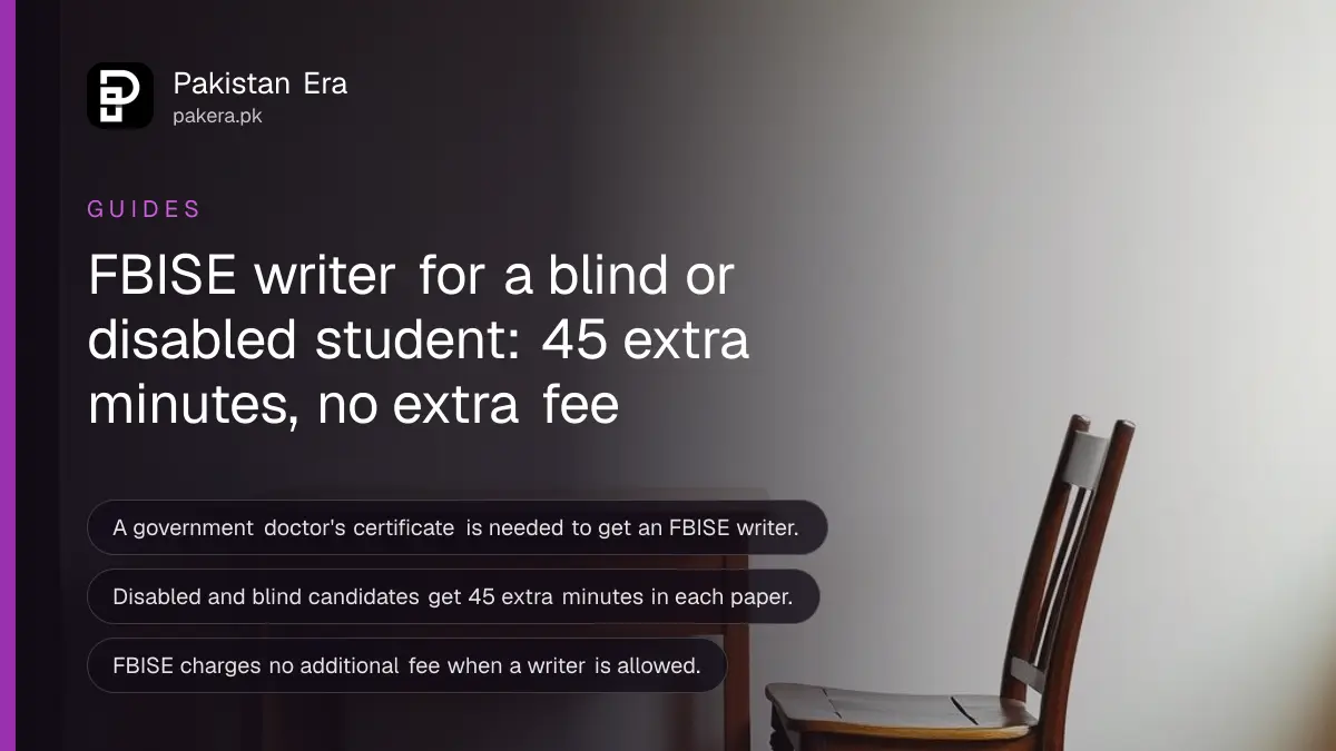 A wooden chair beside a plain desk in an empty room, for a guide on getting a writer in FBISE exams