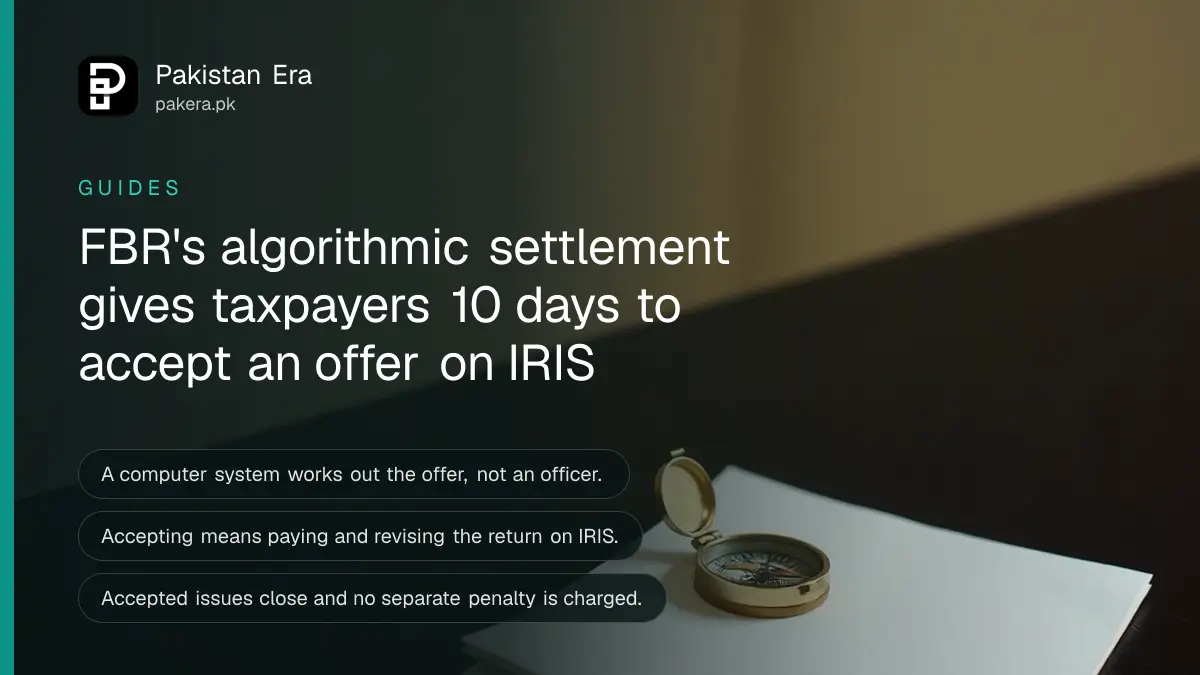 A small brass compass and a folded blank sheet on a dark table, for a guide to FBR's algorithmic settlement offer in Pakistan