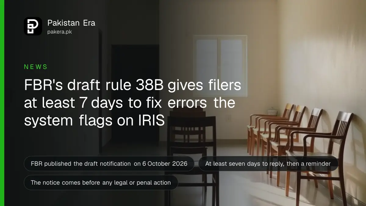 A quiet government tax office corridor in Islamabad with a row of empty wooden chairs in daylight