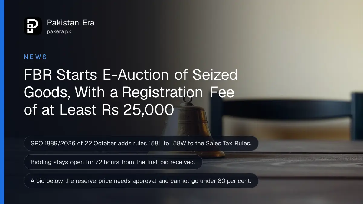 A brass bell on a dark wooden table, for the FBR e-auction of seized goods in Pakistan