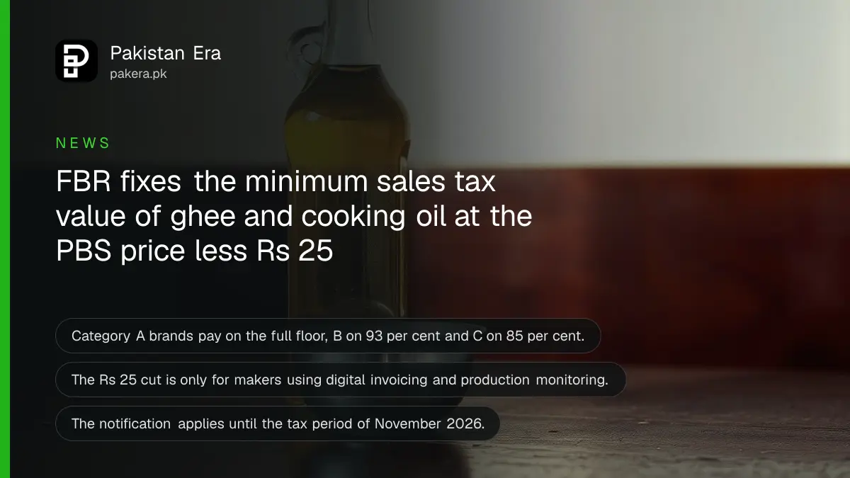 A bottle of golden cooking oil and a steel bowl on a dark table, for news on FBR's minimum sales tax value for ghee in Pakistan