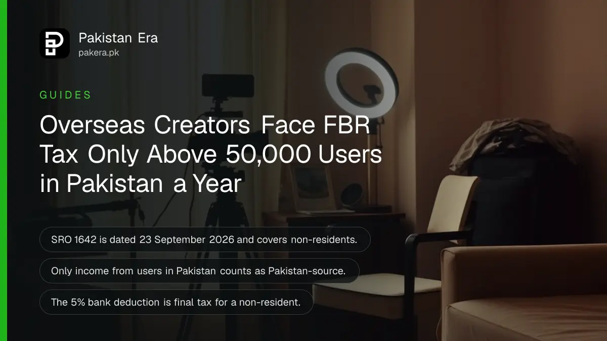 A creator's camera on a small tripod and a ring light in a home studio abroad, illustrating FBR's tax rules for overseas creators