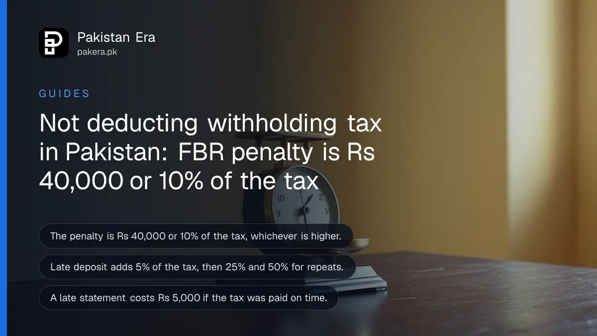 Small brass weighing scales on a dark wooden table, for a guide to FBR withholding tax penalties in Pakistan