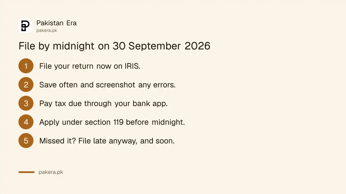 Five steps for 30 September 2026: file now, save often, pay tax, apply under section 119, file late if needed