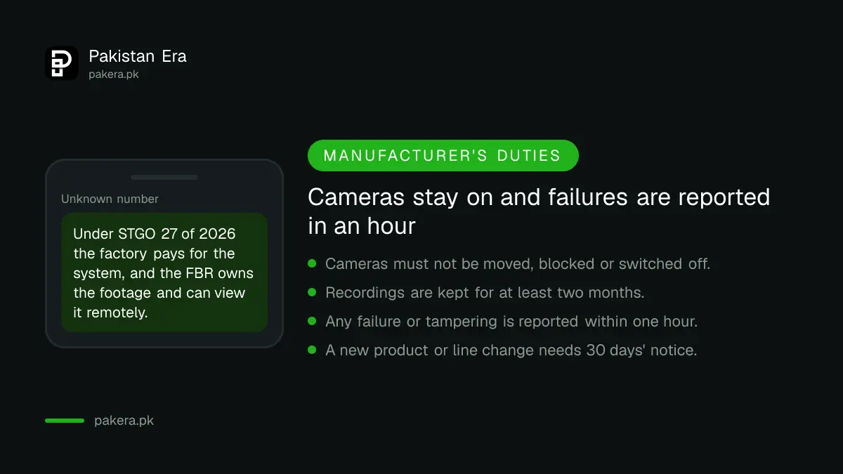 Alert graphic summarising a manufacturer's duties under FBR STGO 27: report any camera failure within one hour and give 30 days notice of a new product