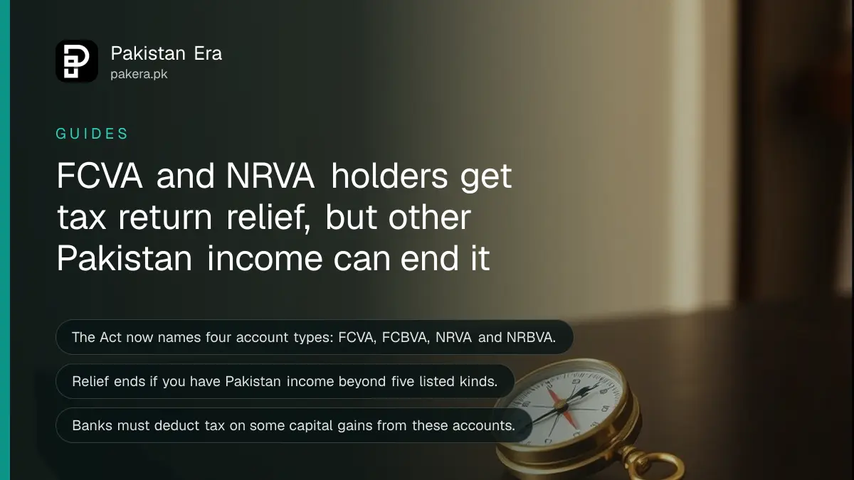 A small brass compass on a dark wooden table, for a guide on non-resident account tax in Pakistan