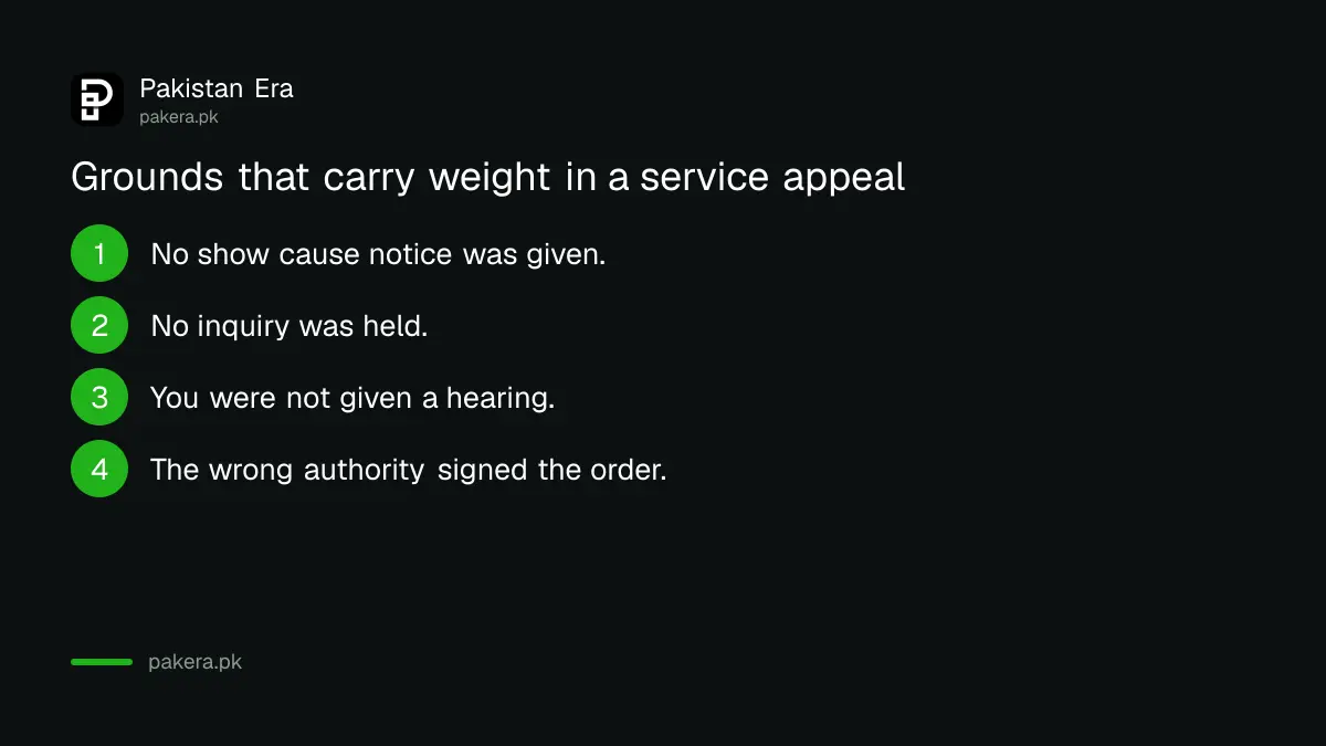 Strong grounds for a Federal Service Tribunal appeal: no show cause notice, no inquiry, no hearing, or the wrong authority signed the order