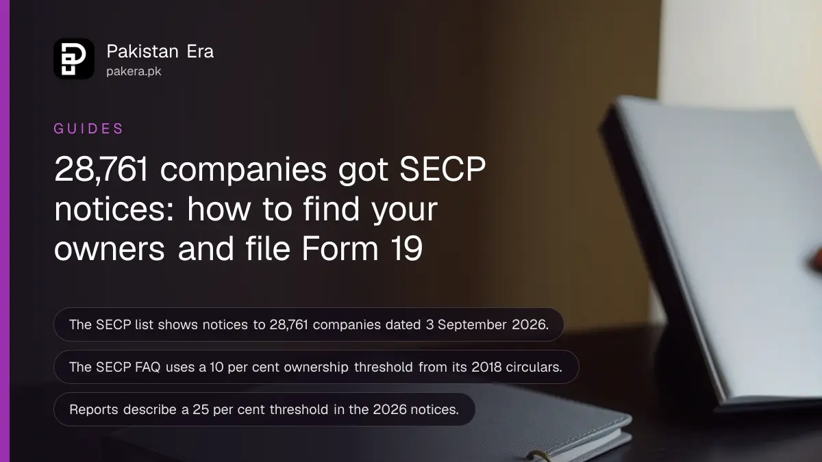A closed grey folder and a brass key on a dark wooden table, for a guide on filing beneficial ownership with SECP